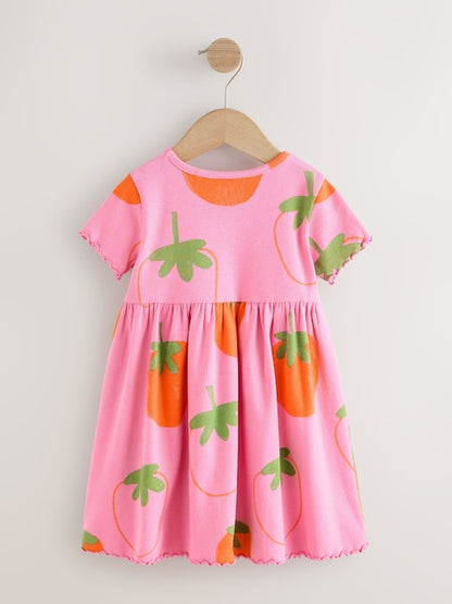 Pink Strawberry Short Sleeve Ribbed Dress (3mths-7yrs)