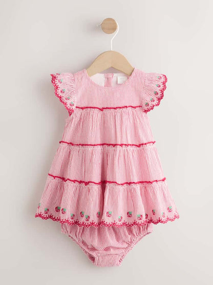 Red Strawberry Baby Tiered Woven Dress and Knickers Set 2 Piece (0mths-2yrs)