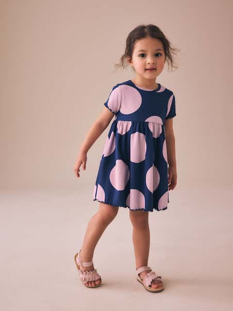 Navy Spot Short Sleeve Ribbed Dress (3mths-7yrs)