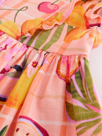 Peach Pink Tropical Double Ruffle Sleeve Dress (3mths-8yrs)