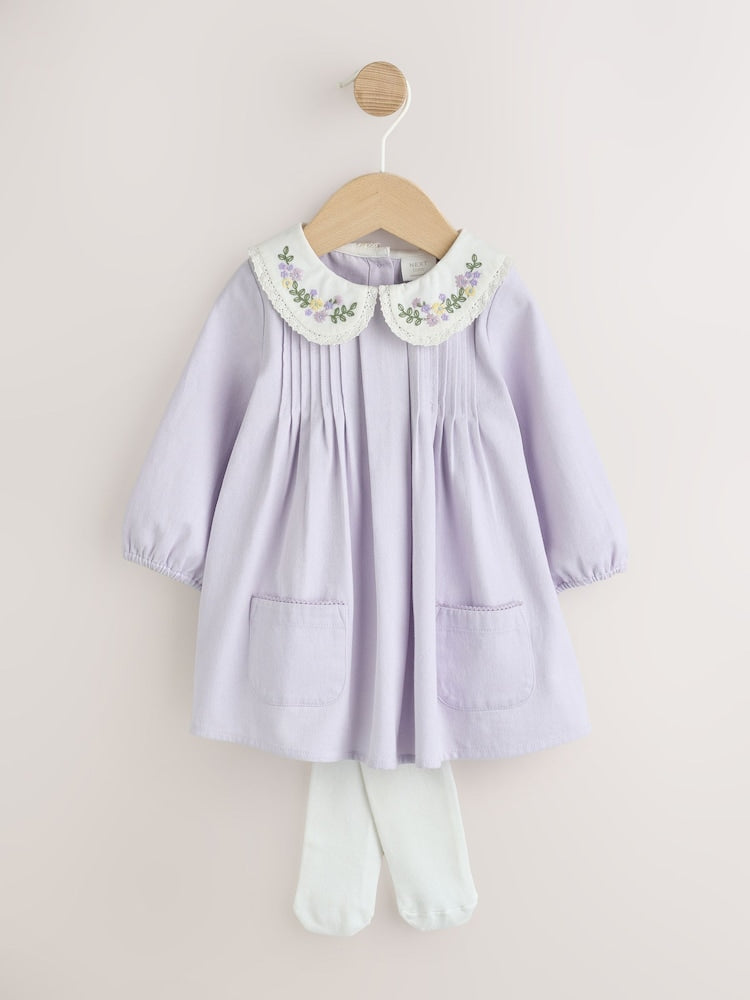Purple Woven Collar Baby Dress with Tights (0mths-2yrs)