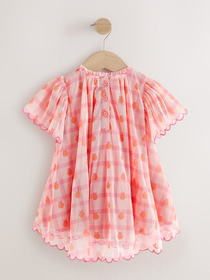 Coral Check Angel Sleeve Mesh Dress (3mths-7yrs)