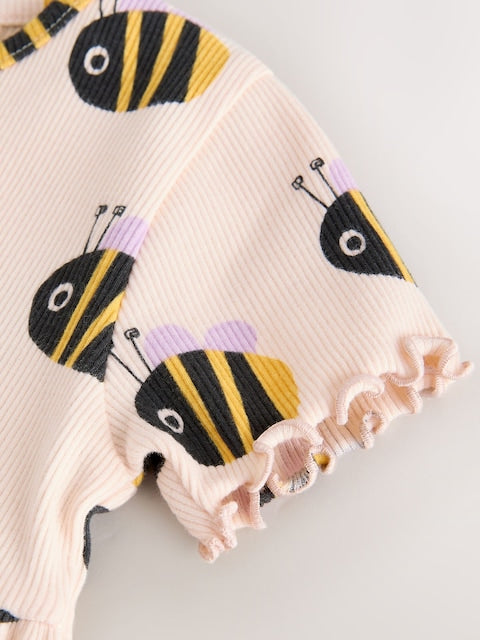 Cream Bumblebee Short Sleeve Ribbed Dress (3mths-7yrs)