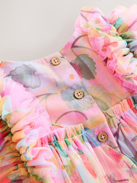 Pink Ruffle Shoulder Mesh Dress (3mths-7yrs)