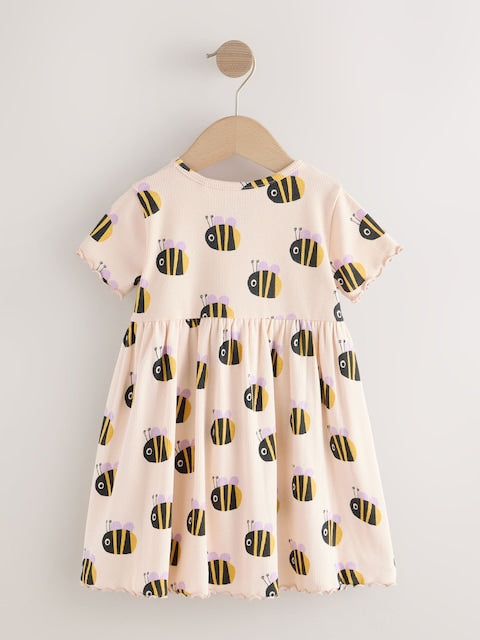 Cream Bumblebee Short Sleeve Ribbed Dress (3mths-7yrs)