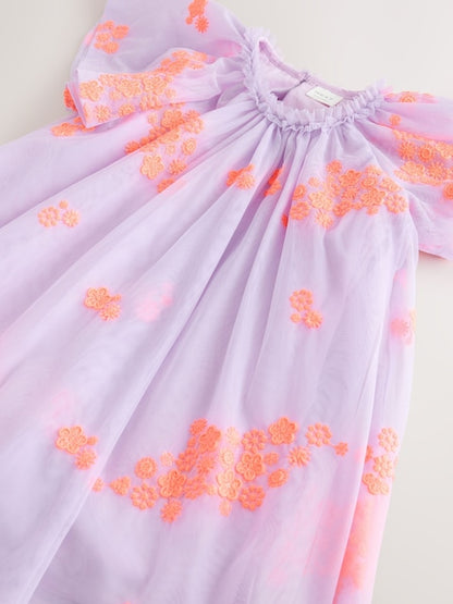 Lilac Fluro Angel Sleeve Mesh Dress (3mths-7yrs)