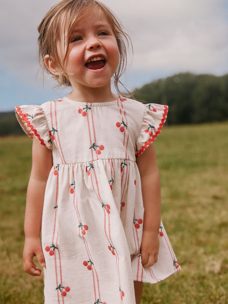 Red/Ecru Cherry Ric Rac Frill Sleeve Dress (3mths-8yrs)