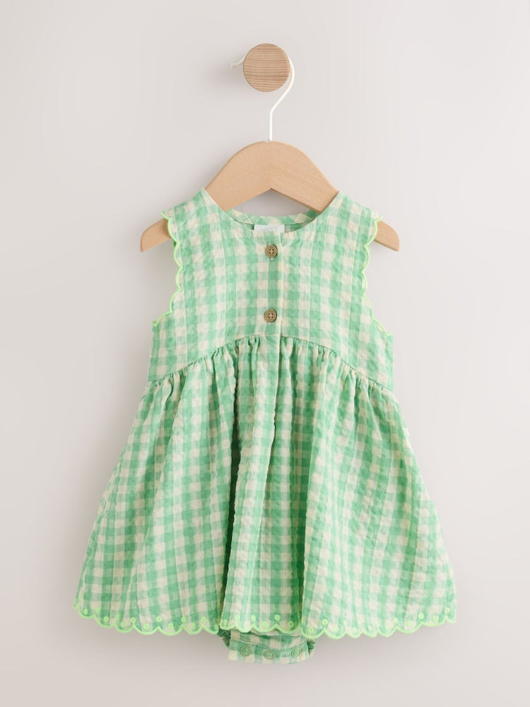 Green Gingham Woven Baby Dress With Intergrated Bodysuit (0mths-2yrs)