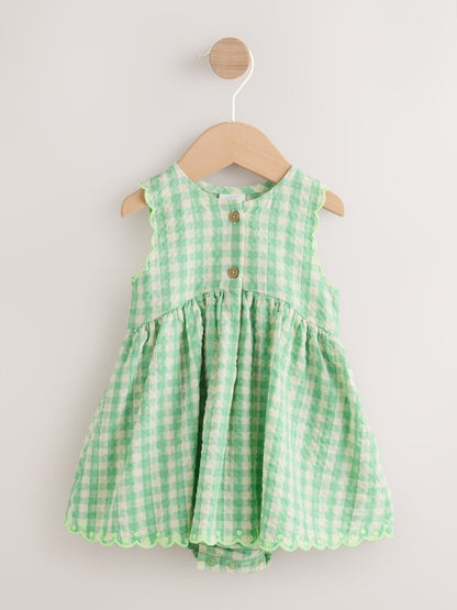 Green Gingham Woven Baby Dress With Intergrated Bodysuit (0mths-2yrs)