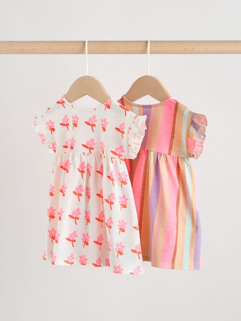 White Floral/ Pink Stripe Baby Short Sleeve Dresse 2 Pack (0mths-3yrs)