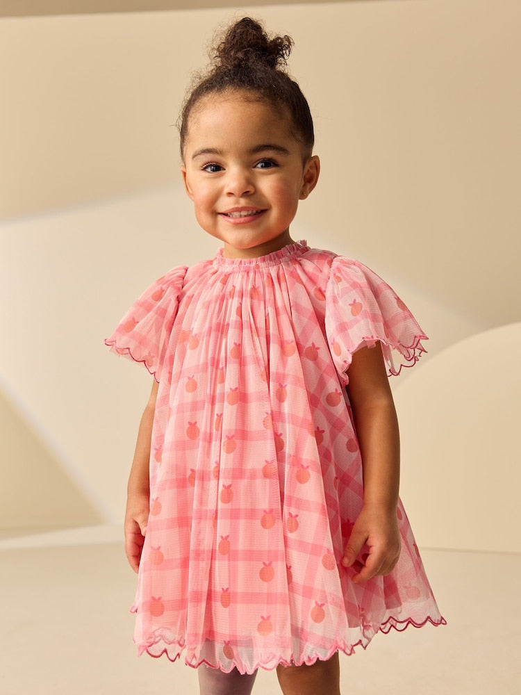 Coral Check Angel Sleeve Mesh Dress (3mths-7yrs)
