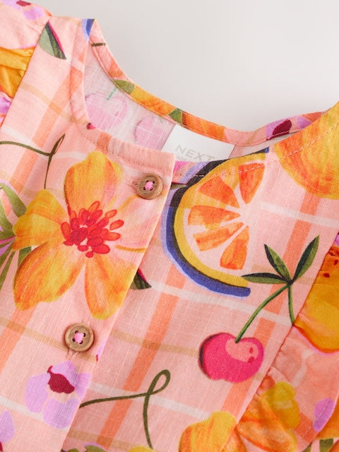 Peach Pink Tropical Double Ruffle Sleeve Dress (3mths-8yrs)