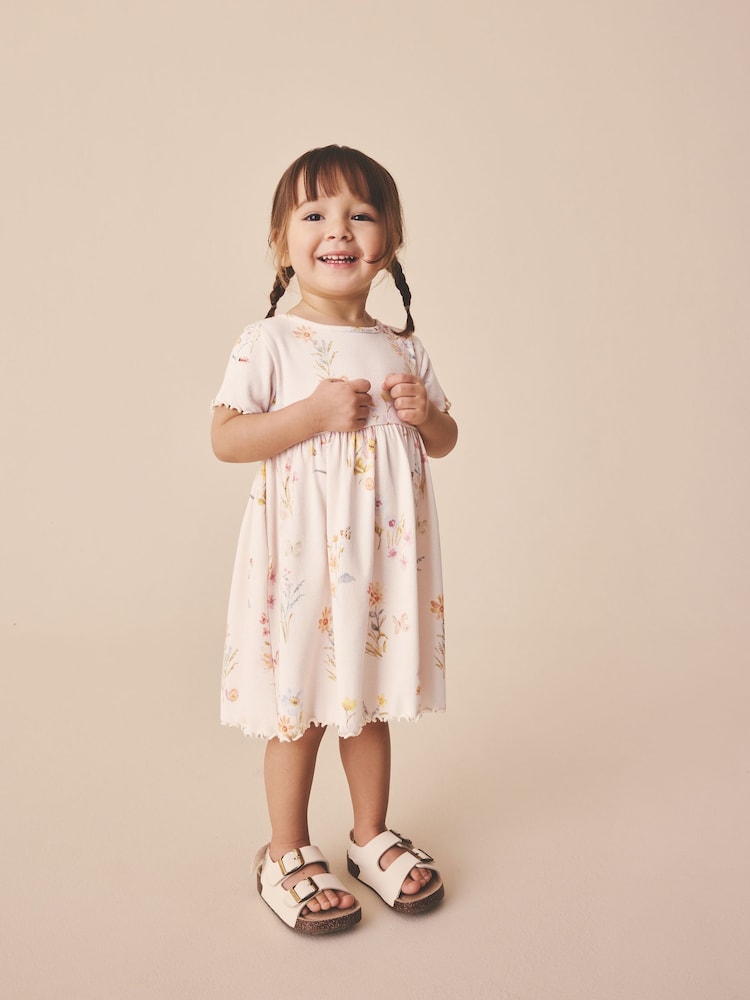 Cream Floral Short Sleeve Ribbed Dress (3mths-7yrs)