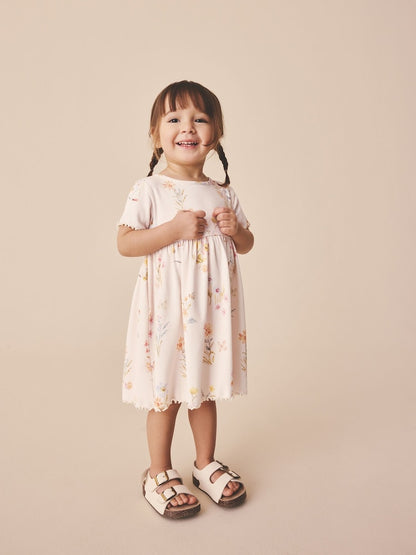 Cream Floral Short Sleeve Ribbed Dress (3mths-7yrs)