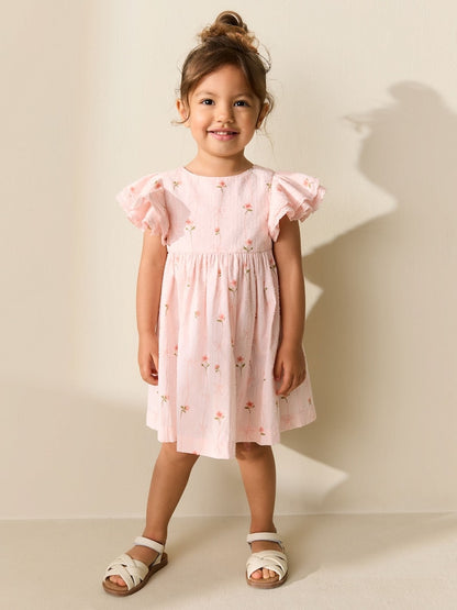 Pink Print Angel Sleeve Dress (3mths-8yrs)