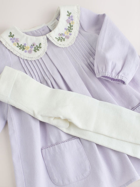 Purple Woven Collar Baby Dress with Tights (0mths-2yrs)