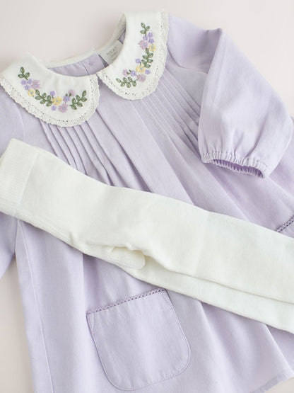 Purple Woven Collar Baby Dress with Tights (0mths-2yrs)