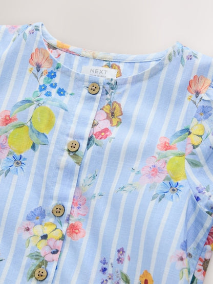 Blue/White Stripe Floral Short Sleeve Cotton Dress (3mths-8yrs)