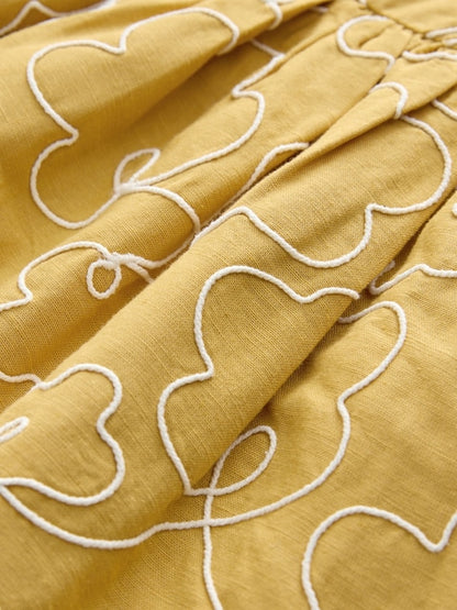 Ochre Yellow Embroidered Angel Sleeve Dress (3mths-8yrs)