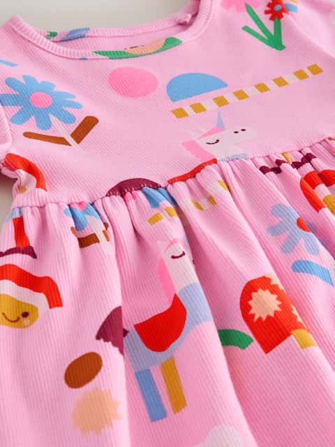 Pink Unicorn Short Sleeve Ribbed Dress (3mths-7yrs)