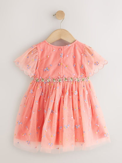 Peach Pink Embroidered Mesh Dress (3mths-8yrs)