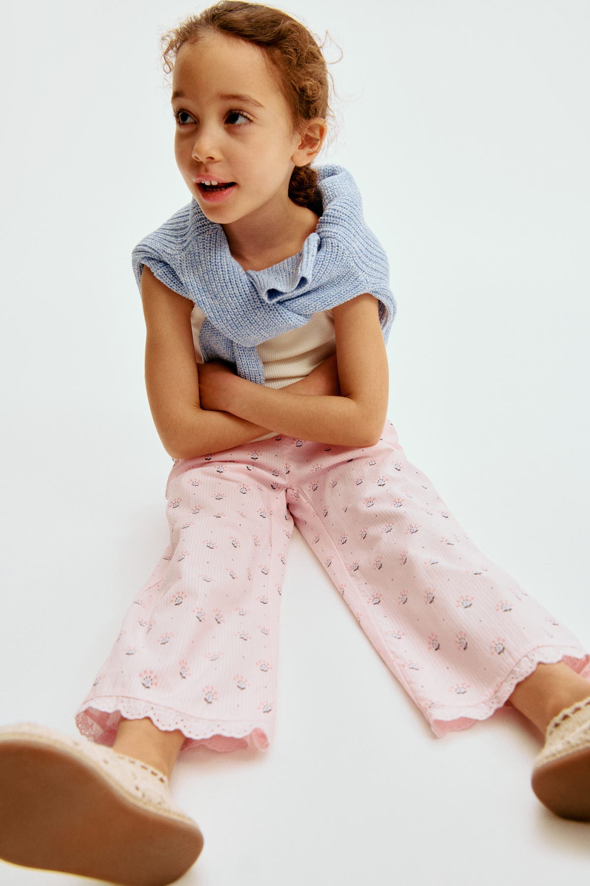 Lace-trimmed seersucker trousers